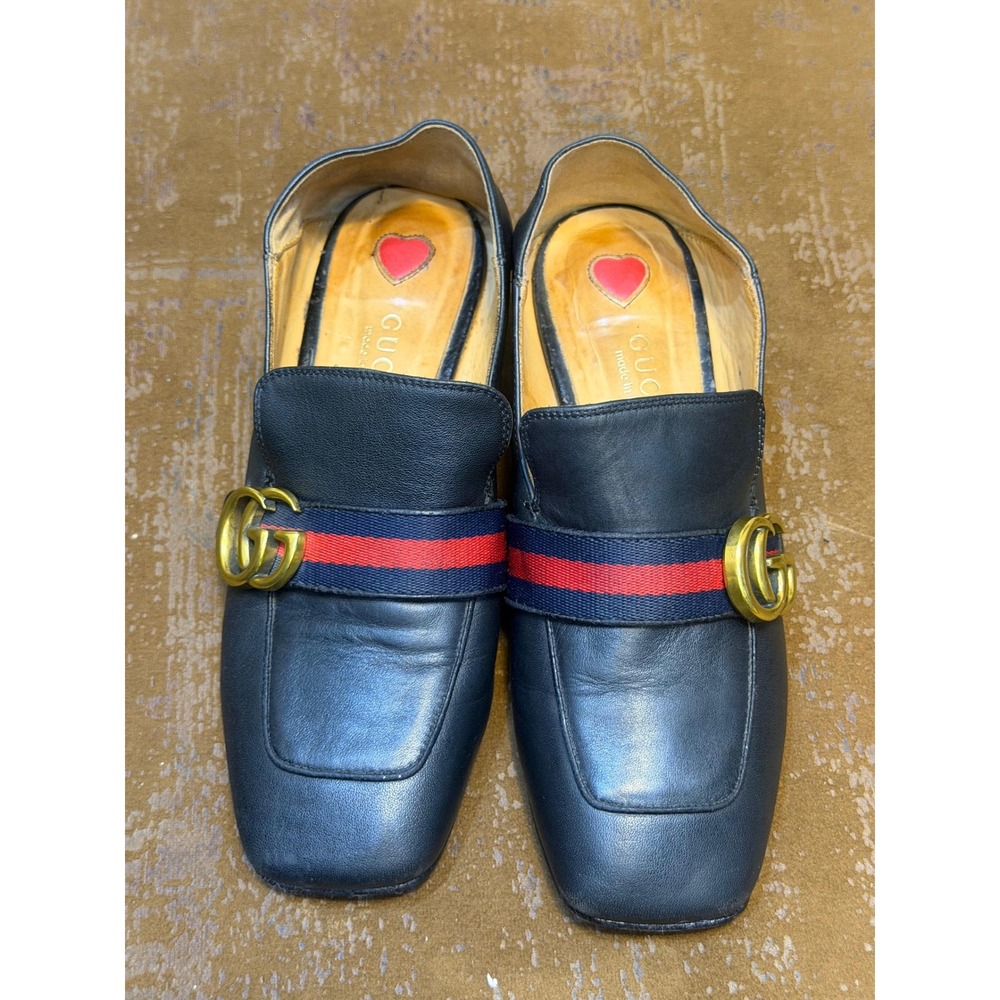 Gucci Peyton Pearl Loafers Black Leather Web Stripe Double G Block Heel Size 37